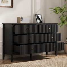 a black chest of drawers in a room with a potted plant on the floor