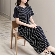 Olivia Mark - Loose-fitting Striped Midi Dress with Tummy Concealing and Waist Cinching Design Sequin Bodysuit, Flowy Midi Dress, Fitting Dress, Striped Shirt Dress, Loose Fitting Dresses, Striped Midi Dress, Crewneck Dress, Long Shirt Dress, Midi Shirt Dress