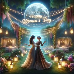 two women standing in front of a full moon with lanterns and lights on the ground