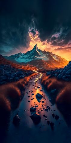 a painting of a mountain and river at sunset