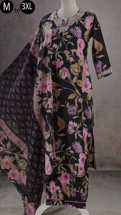 Fitted Floral Print Unstitched Cotton Suit, Black Digital Print Workwear Sets, Fitted Floral Print Patterned Sets, Elegant Floral Print Patterned Sets, Elegant Black Printed Set, Patterned Unstitched Suit With Printed Motifs, Black Printed Unstitched Suit With Long Sleeves, Fitted Black Salwar Kameez With Printed Motifs, Traditional Sets With Digital Print For Workwear