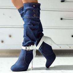 Winter Denim Blue Boots, Denim Blue Boots For Winter, Denim Blue Winter Boots, Winter Denim Blue Boots With Pointed Toe, Denim Blue Pointed Toe Winter Boots, Denim Boots For Winter, Fitted Denim Boots For Winter, Fitted Denim Blue Boots For Fall, Chic Denim Blue Boots For Fall