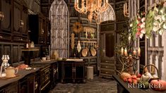 an old fashioned kitchen with chandeliers hanging from the ceiling