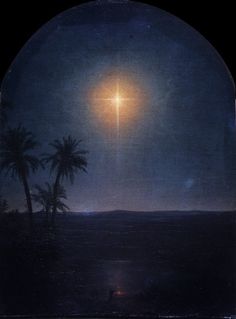 a painting with palm trees in the foreground and a bright star above it at night