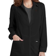 Cherokee Infinity Women's Lab Coat, New. Versatile Black Outerwear With Pockets, Black Long Sleeve Outerwear For Work, Black Button-up Outerwear For Work, Versatile Black Long Sleeve Outerwear, Tan Jean Jacket, Women's Lab Coat, White Faux Fur Jacket, White Lab Coat, Navy Blue Scrubs