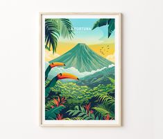 a poster hanging on the wall above a plant filled area with toucats and birds