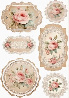 some pink roses are on top of lace doily and paper tags with lacy trimmings