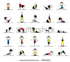 various yoga poses are shown in this cartoon drawing, which depicts the positions of people doing different