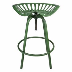 a green stool with a metal base and foot rests on an isolated white background,