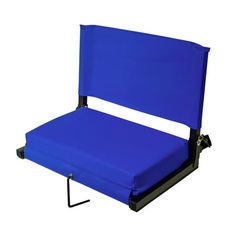 a blue folding chair with black frame and foot rests on the back of it's seat