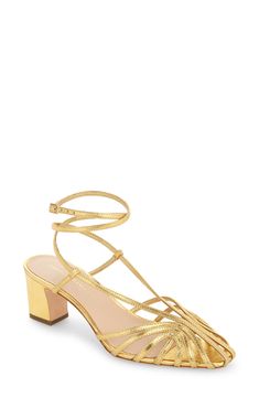 A gleaming goldtone finish adds unmistakable glamour to a strappy sandal lifted by a just-right block heel. 2 1/4" heel Adjustable ankle strap with buckle closure; hidden elastic inset Leather upper, lining and sole Imported Summer Wardrobe Essentials, Wedding Guest Shoes, Strap Sandals Women, Sneaker Slippers, Loeffler Randall, Baby Boy Shoes, Boy Shoes, Sandal Women, Toddler Girl Outfits