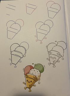 an open book with drawings of ice cream cones and heart shaped balloons in the background