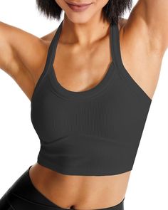 PRICES MAY VARY. Halter Top Sports Bra: The halter workout tops for women feature a wide halter strap for extra support. Scoop neck sports bra makes breathing smoother, while widened hem of the womens longline sports bra provides full coverage and won't rolling up. Backless Workout Tops for Women: The unique open back sports bra shows off your sexy back, while the backless halter top wont't sink into your skin. Wearing this backless sports bra allows you to move freely. Built in Bra Tank Tops fo Sporty T-back Halter Top For Gym, Sporty T-back Halter Top For Sports, Seamless Tank Strap Sports Bra For Gym, Seamless Sports Bra With Tank Straps For Gym, Ribbed Sleeveless Gym Activewear, High Stretch Seamless Halter Top For Sports, High Stretch Seamless Sports Halter Top, Seamless T-back Halter Top For Workout, Sporty Halter Neck Crop Top For Gym