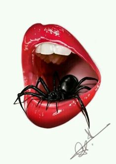 a woman's mouth with a spider crawling on the inside of her tongue and two black balls in it