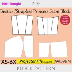 the pattern for buster's princess seam block is shown in three different sizes and colors