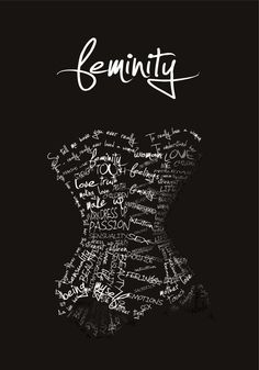 a black and white photo with words written in the shape of a dress on it