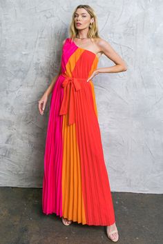 AMUSED BY YOU WOVEN MAXI DRESS l FLYING TOMATO | Flying Tomato Chic Multicolor One Shoulder Maxi Dress, One Shoulder Maxi Dress For A Day Out, Multicolor Pleated Maxi Dress For Party, Chic Orange One-shoulder Maxi Dress, Multicolor Pleated Maxi Dress, Spring One-shoulder Orange Maxi Dress, Pink Maxi Dress For Dress Down Occasions, Chic Multicolor Pleated Maxi Dress, Pleated Maxi Dress For Day Out