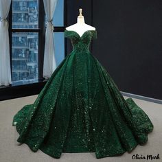 Olivia Mark - Green Dreamy Trail Puffy Shoulder Wedding Gown Dress Green Sparkly Prom Dresses, Tailored Dresses, Green Ball Gown, Baju Kahwin, Sequin Ball Gown, Sparkly Wedding Dress, Sparkly Prom Dresses, Dresses Ball Gown, Wedding Dress Fabrics