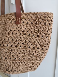 Bohemian Crochet Bag For Beach Shopping, Beige Summer Crochet Bag With Double Handle, Summer Beige Crochet Bag With Double Handle, Crochet Bag With Braided Double Handles For Shopping, Crochet Bags For Daily Beach Use, Bohemian Crochet Bag With Leather Handles For Beach Season, Beige Bucket Crochet Bag For Shopping, Woven Crochet Shoulder Bag For Shopping, Beige Crochet Bag With Double Handle For Beach