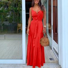 Long Beautiful Summer Dresses Available In Red,Green And Yellow Beach White Dress, Long Dresses Elegant, Peplum Tops, Stitching Dresses, Floral Print Dress Long, Strap Dresses, Button Outfit, Elegant Maxi Dress, Sling Dress