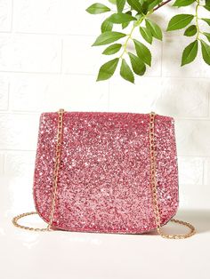 Glitter Detail Metal Lock Design Saddle Bag  - Women Crossbody Pink Sequin Evening Bag, Trendy Pink Glitter Bags, Pink Sequined Party Bags, Pink Glitter Party Bag, Pink Glitter Party Bags, Lock Design, Saddle Bag, Save The Planet, Color Rosa