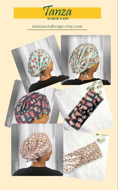 several images of different types of head coverings on the back of a woman's head