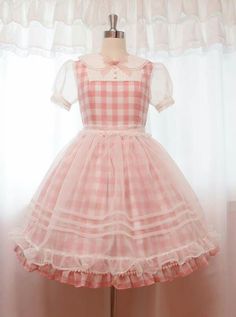 Cute Gingham Outfits, Strawberrycore Outfits, Kawaii Dress Pastel, Pink Kawaii Dress Outfit, Kawaii Short Sleeve Pink Dress, Pink Kawaii Costume Dress, Kawaii Pink Mini Dress, Pink Kawaii Dress With Doll Collar, Old Fashion Dresses