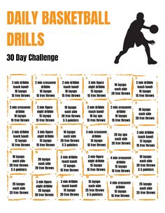 the daily basketball drills for 30 day challenge is shown in black and white with orange accents