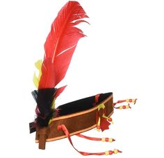 a red feather is on top of a brown hat