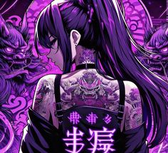 an anime character with purple hair and tattoos