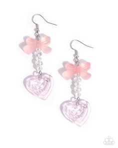 Featuring a transparent finish, a baby pink bow gives way to a strand of crystal-like faceted white beads which then gives way to a layered pink heart also with a transparent finish for a chic coquette-inspired look. Earring attaches to a standard fishhook fitting. Sold as one pair of earrings. Baby Pink Bow, Chic Coquette, Pink Heart Earrings, Gray Ring, Happy Jewelry, Brown Bracelet, Wooden Bracelet, Pink Jewelry, White Necklace