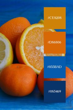 oranges and lemons on a blue background with the color code for each one