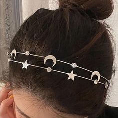 This Celestial Crescent Moons And Stars Gold Color Layered Hair Hoop Is A Wonderful Addition To Your Wardrobe And Your Style! Rhinestones Have A Nice Shine! Boho Style! Moon Headband, Star And Moon Headband, Celestial Wedding Headband, Gold Moon-shaped Bohemian Jewelry, Celestial Hair Accessories Silver, Plaid Headband, Prom Hair Accessories, Wire Headband, Bridal Hat