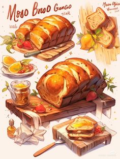 an illustration of bread and jams on wooden boards