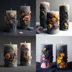 four different candles with flowers on them