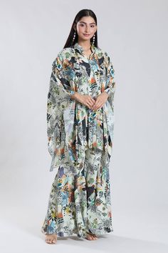 Off white asymmetric cape with floral abstract pattern. Paired with a matching sharara. - Aza Fashions Cape Sharara, Asymmetric Cape, Floral Abstract Pattern, Sharara Set, Floral Abstract, White Silk, Set For Women, Abstract Floral, Cotton Silk