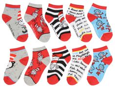 THESE ARE DR.SEUSS SOCKS- The products are made with customers like you in mind!COMFORTABLE & STYLISH - Made with a super soft and stretchy dual-blend fabric for that extra comfortable feel when lounging or walking.DETAILED CHARACTER INSPIRED DESIGNS - This ankle socks set features multiple designs Cat in The Hat and Thing 1 And Thing 2 from CAT IN THE HAT Book.SIZING IS AS FOLLOWS - These are Sock Size 7-9 which translates into kids Shoe Size 10-4. Will fit boys of girlsCARE INSTRUCTIONS - Machine wash cold with like colors, tumble dry low. Do NOT bleach. Dr Seuss Socks, Thing One Thing Two, Popular Childrens Books, Vintage Style Outfits Retro, Outfits Retro, Magical Book, Cat Kids, Cat Socks, Cat In The Hat