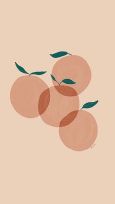 three peaches on a beige background with two green leaves in the top right corner