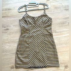 Never Worn* Plaid Mini Dress With Adjustable Straps In Yellow / Orange, Grey, Blue New W/O Tags Measurements In Pics Lined Yellow Mini Dress, Yellow Lined Mini Dress, Fitted Brown Cotton Sundress, Yellow Cotton Mini Dress With Spaghetti Straps, Mustard Sleeveless Fitted Mini Dress, Mustard Fitted Sleeveless Mini Dress, Fitted Mustard Sleeveless Mini Dress, Fitted Mustard Mini Dress For Day Out, Fitted Mustard Sundress For Summer