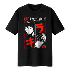 a black t - shirt with an anime character on the front and japanese characters on the back