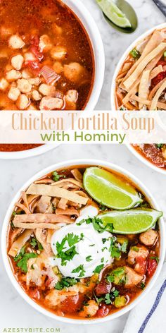 three bowls of chicken tortilla soup with hominy