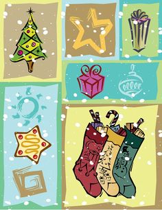 an image of christmas stockings and gifts in the snow with stars, trees, and presents