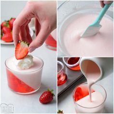 the process of making strawberry pudding with whipped cream and strawberries