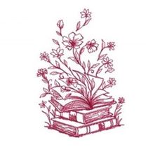 a drawing of a book with flowers on it and an open book in the middle