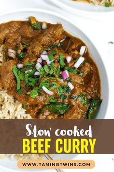 a close up of a plate of food with rice and meat on it, next to the words crockpot beef curry