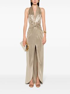 NISSA Backless high-shine Maxi Dress - Farfetch Front Knot Dress, Knot Dress, Versace Outfit, Wardrobe Edit, City Dress, Dress Gold, Summer Beach Wear, Exclusive Fashion, Gold Dress