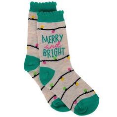 Size: Girls 9 - 3 Color: Beige, Green, Black & Pink Content: 97% Polyester & 3% Spandex Quantity: 1 Pair Care: Machine Wash, Cold, With Like Colors Use Only Non-Chlorine Bleach, As Needed Tumble Dry, Low Stuff your little one's stocking with these Merry & Bright Youth Crew Socks! These adorable socks feature the phrase "Merry and Bright" in colorful font. Above and below the saying are cute designs of string lights. Wear these socks on a chilly day to protect your toes from the cold! Christmas Fashion, Christmas Jewelry, Merry And Bright, String Lights, Crew Socks, Cute Designs, Stocking Stuffers, Bleach, Stockings