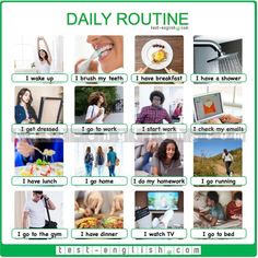 an image of daily routine with pictures and captions for each part of the day