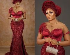 This stunning red lace gown is the perfect addition to any woman's wardrobe. This African fashion piece is crafted from luxurious lace and features a beautiful mermaid silhouette that will make you stand out from the crowd. The intricate lace detailing is sure to make you look regal and elegant, while the Aso ebi style brings a unique and modern twist to the classic red gown. Perfect for evening events, this African lace gown will make you feel like royalty as you enter the room. The red lace is sure to turn heads, and the intricate detail of the dress will make you feel like a million dollars. The delicate white lace contrasts with the deep red of the dress and makes this piece truly special. Whether you're attending a wedding, a formal event, or just want to spice up your wardrobe, this Nigerian Wedding Attire Guest, Lace Gown For Banquet, Banquet Gown With Lace Bodice, Red Lace Bodice Dress For Wedding, Red Lace Evening Dress With Lace Bodice, Red Evening Dress With Lace Bodice, Elegant Red Evening Dress With Lace Bodice, Formal Maxi Dress With Lace Work, Red Lace Maxi Dress For Prom