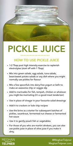 pickle juice in a glass jar with instructions on how to use pickle juice